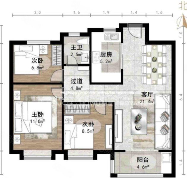 银丰玖玺城3室2厅1卫94.66㎡南北215万