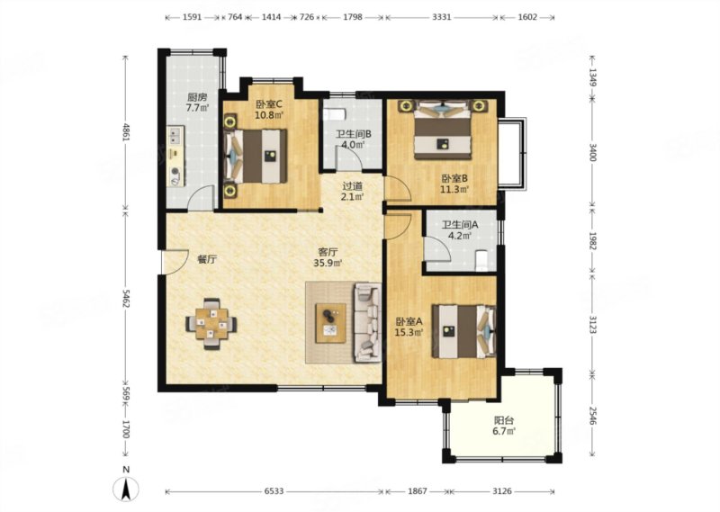 中国铁建国际城曦园3室2厅2卫125.28㎡南北248万