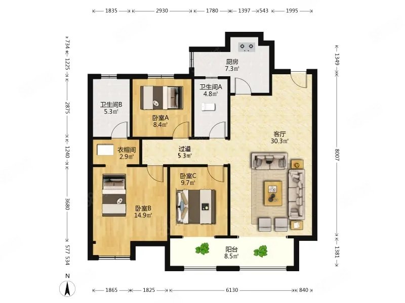 拉菲公馆3室2厅2卫135㎡南北106万