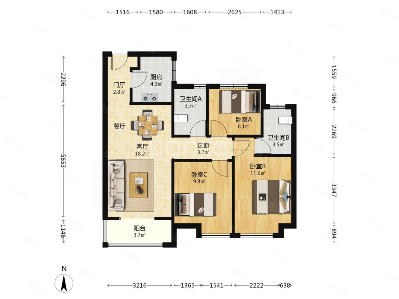 合能公馆3室2厅2卫94㎡南北116万