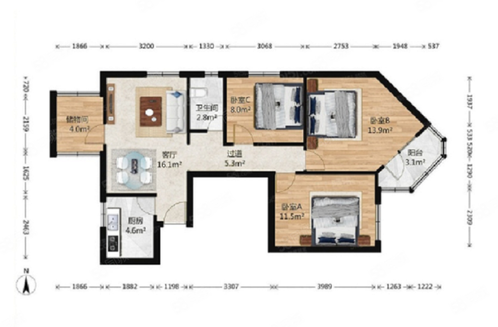 嘉園一里(南區(qū))3室1廳1衛(wèi)100.63㎡南北550萬