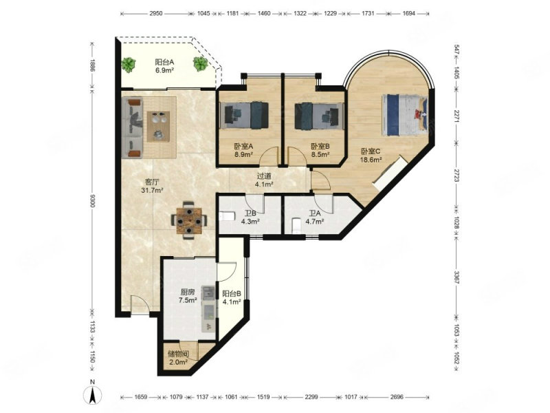 宝翠园3室2厅2卫132㎡南北630万