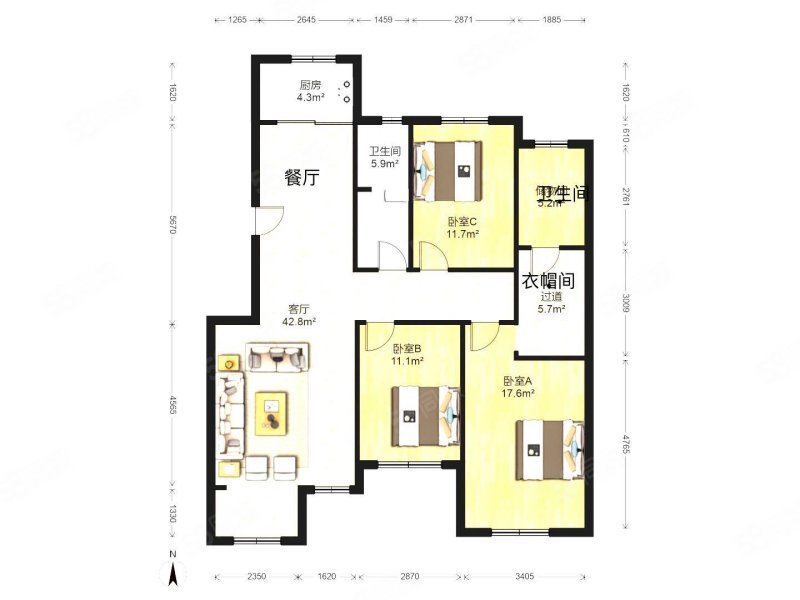 政协花园3室2厅2卫134.42㎡南北105万