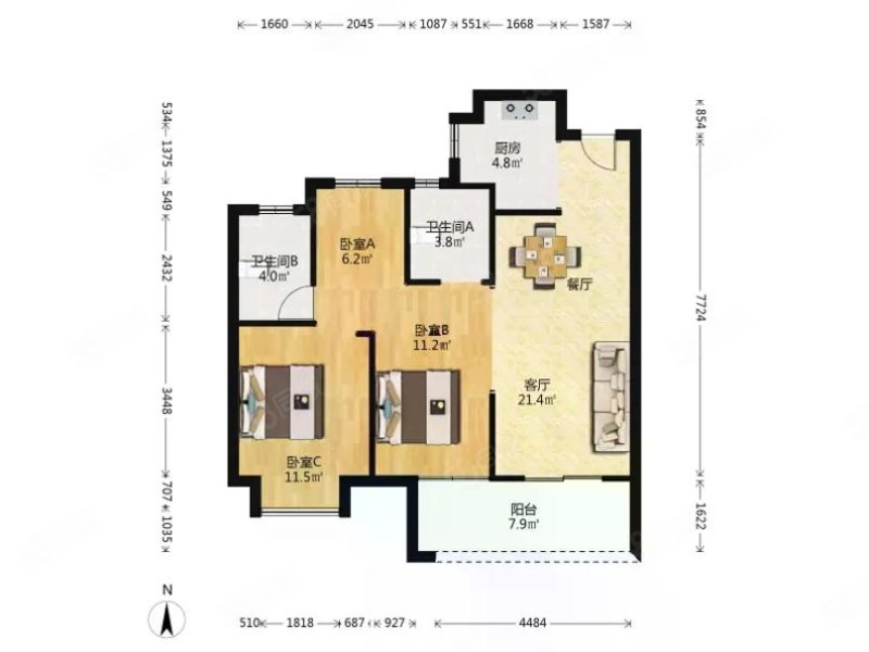 汉口18723室2厅2卫105.55㎡南北190万