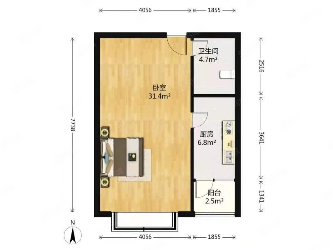 新澳国际1室1厅1卫62.79㎡南128万