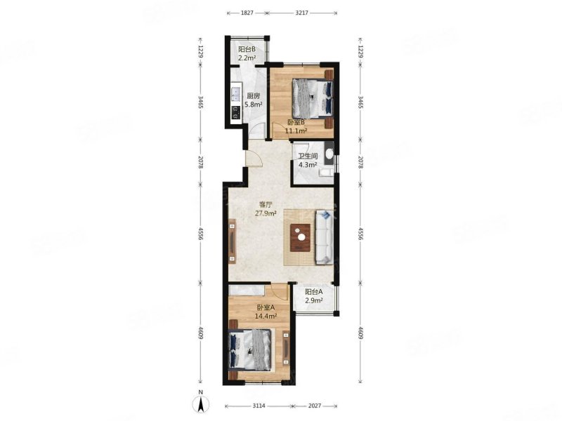 建西苑北里2室1厅1卫92.59㎡南北535万