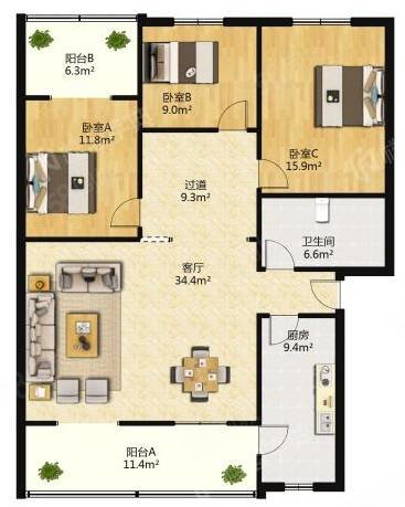 新城俊园2室2厅0卫107.55㎡南北203万