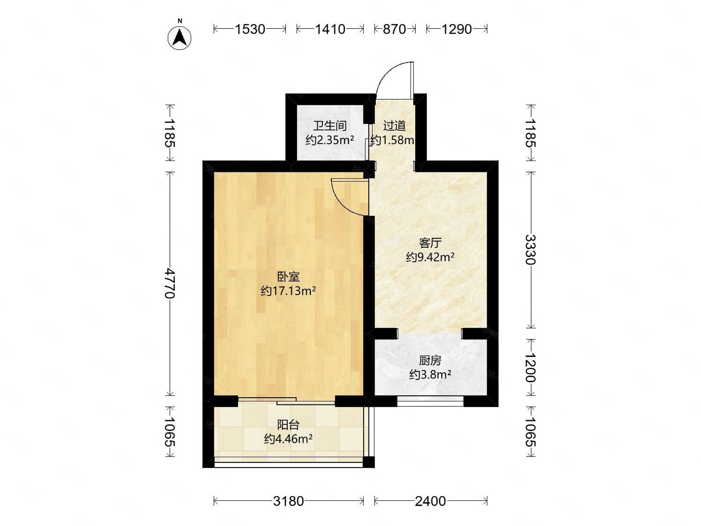門礦西山樓1室1廳1衛(wèi)42.28㎡南56萬