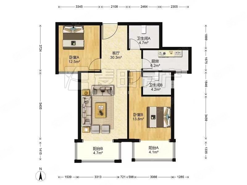 丽都壹号2室2厅2卫108.55㎡南950万