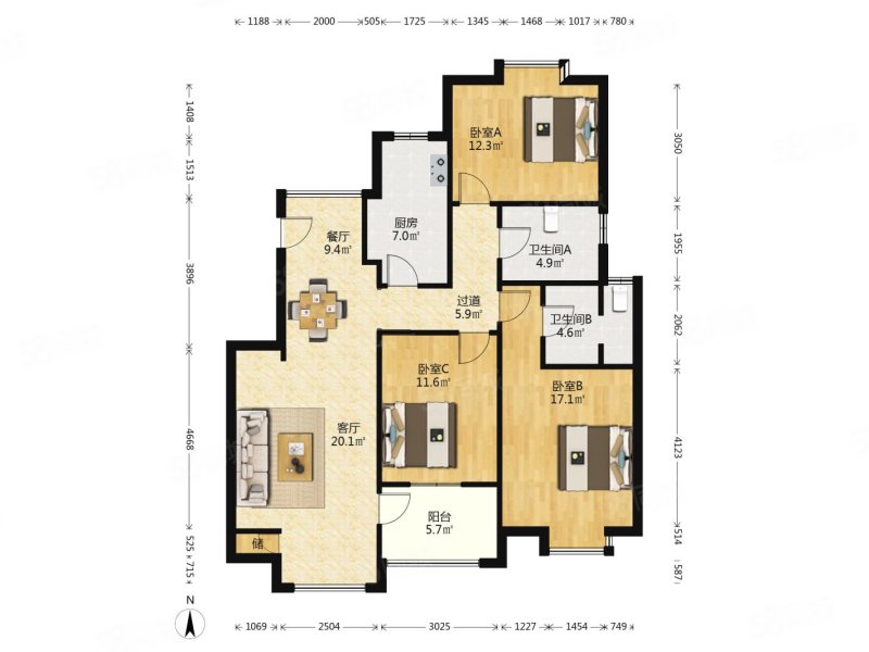 横塘西苑3室2厅2卫118.28㎡南北495万