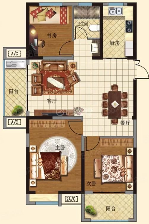 奥体玫瑰园(二期)3室2厅2卫125.8㎡南118万