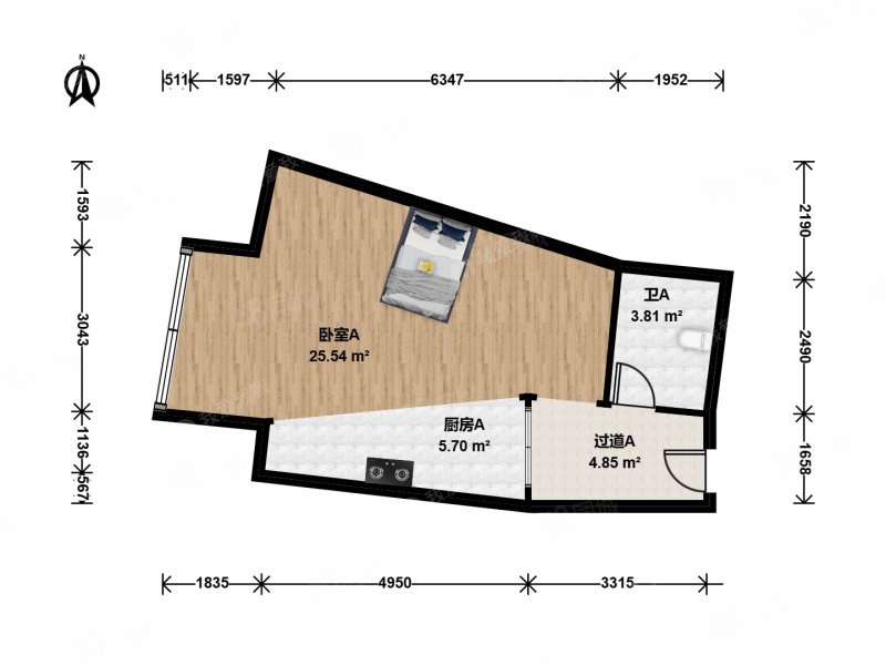 北方明珠1室0厅1卫55.38㎡西南193万