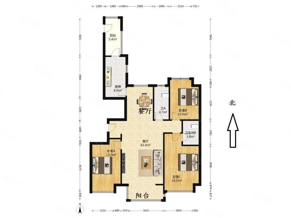 万达住宅A区3室2厅2卫138.5㎡南北299万