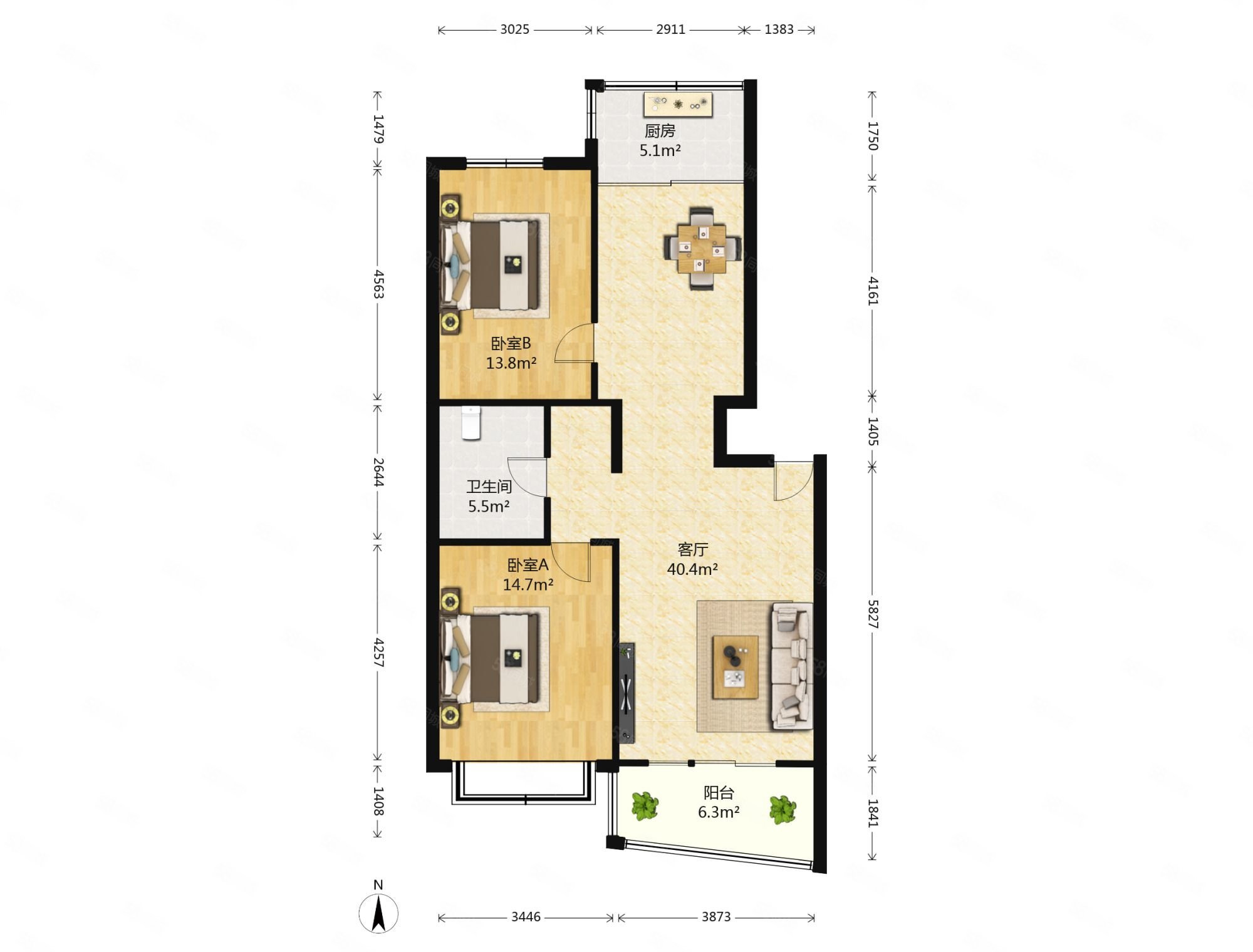 2室2厅1卫 98.0平米 129.00万元