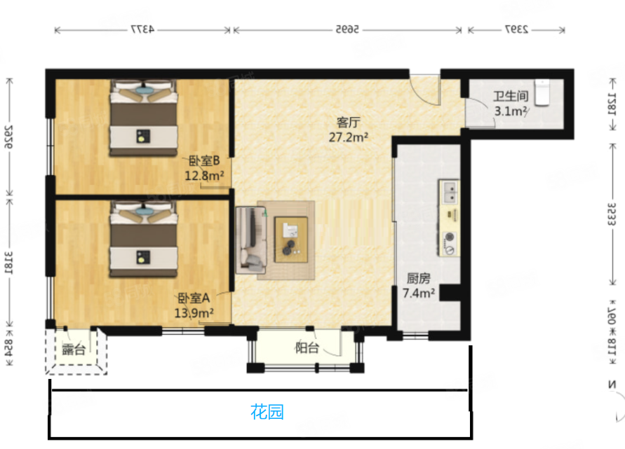 蘋果派2室1廳1衛(wèi)82.47㎡南北267萬