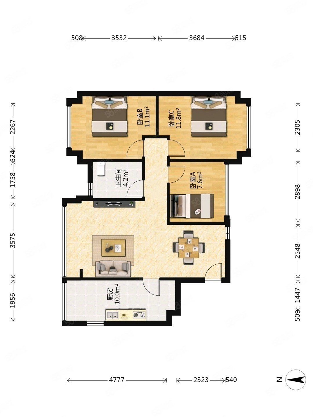 玉园清水湾3室2厅1卫88㎡南北150万