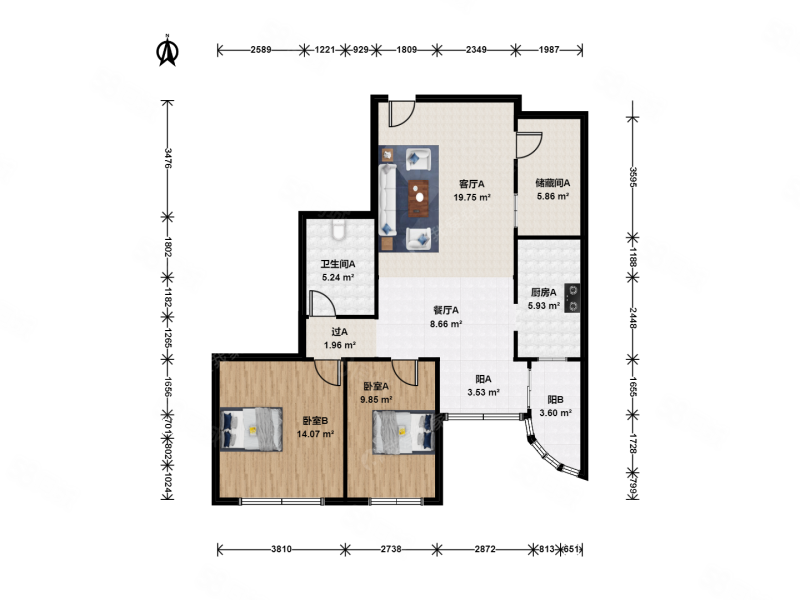 双城公寓2室2厅1卫113.55㎡南505万