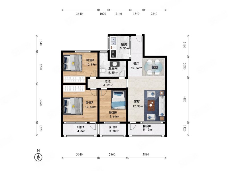 中国铁建国际城(公寓住宅)3室2厅1卫88.37㎡南450万