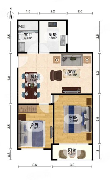 安得家园2室2厅1卫81㎡南北107万