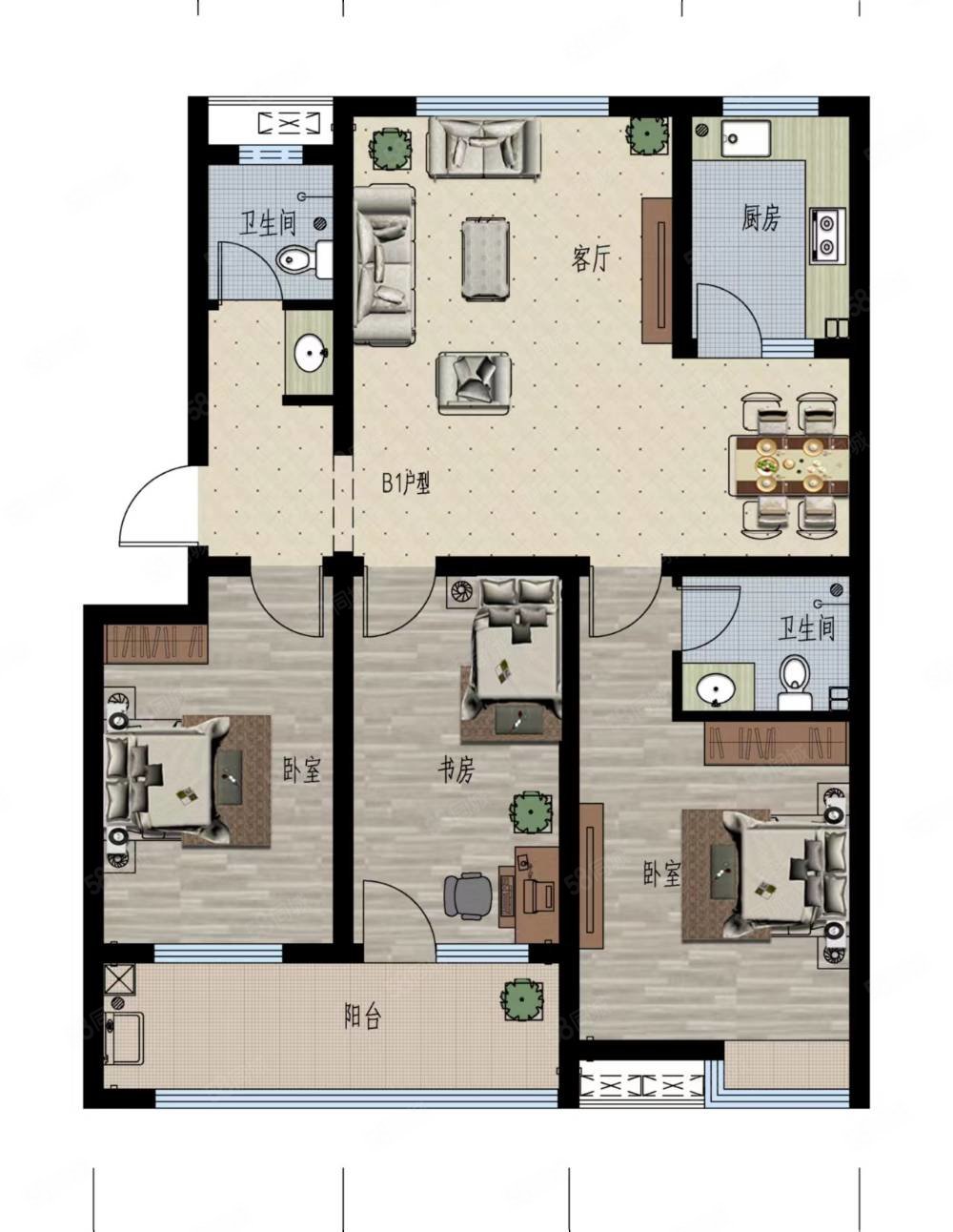 房子户型方正,南北通透,全明户型,采光良好2.