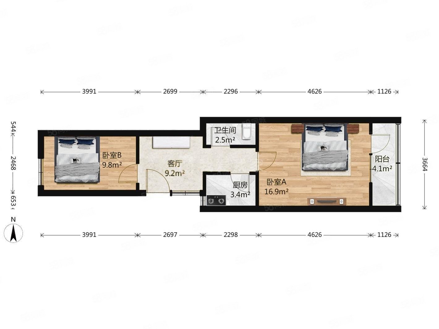 合成小區(qū)2室1廳1衛(wèi)57.57㎡東西220萬(wàn)