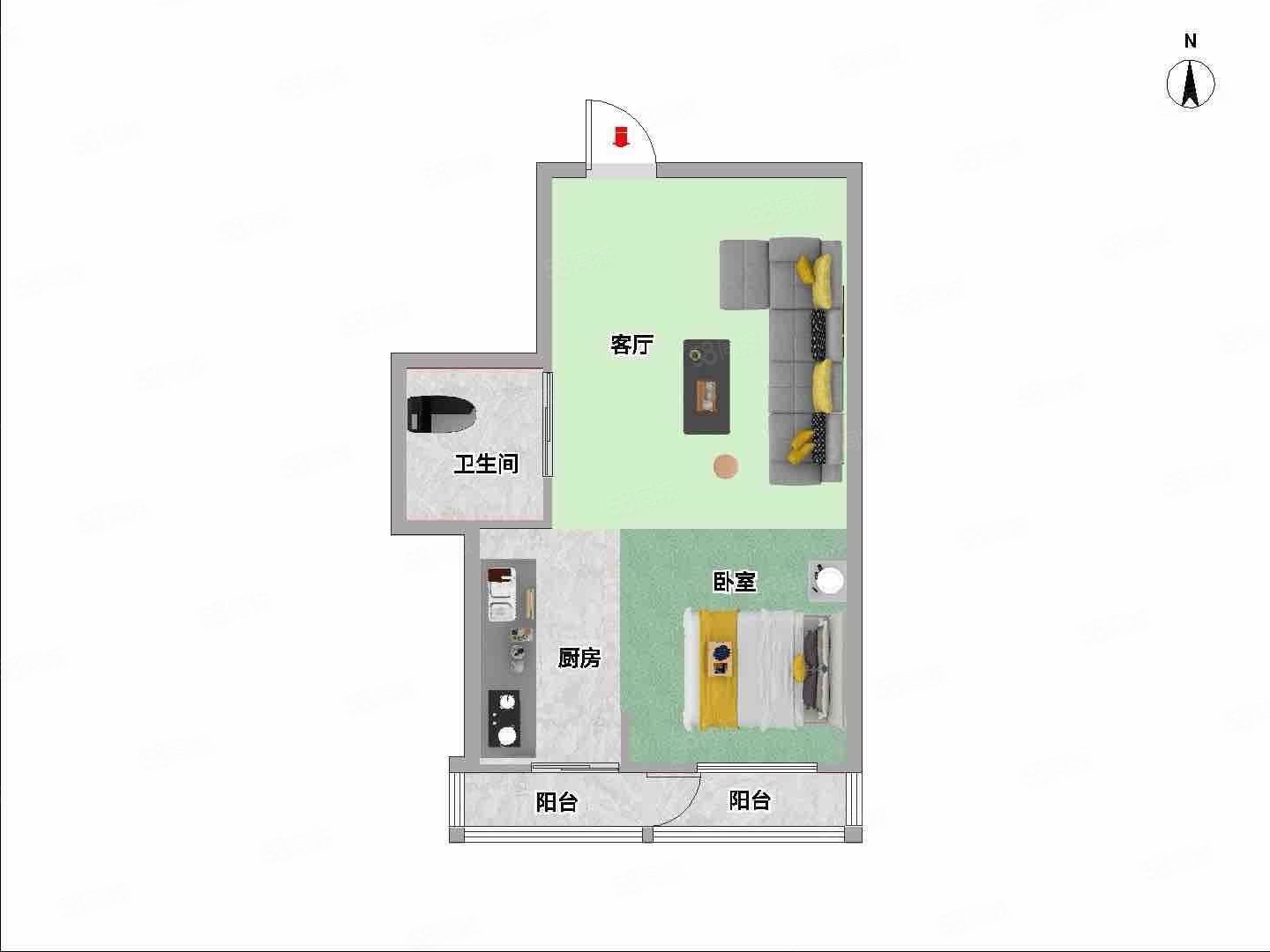 丽湾国际1室1厅1卫48.73㎡南60万