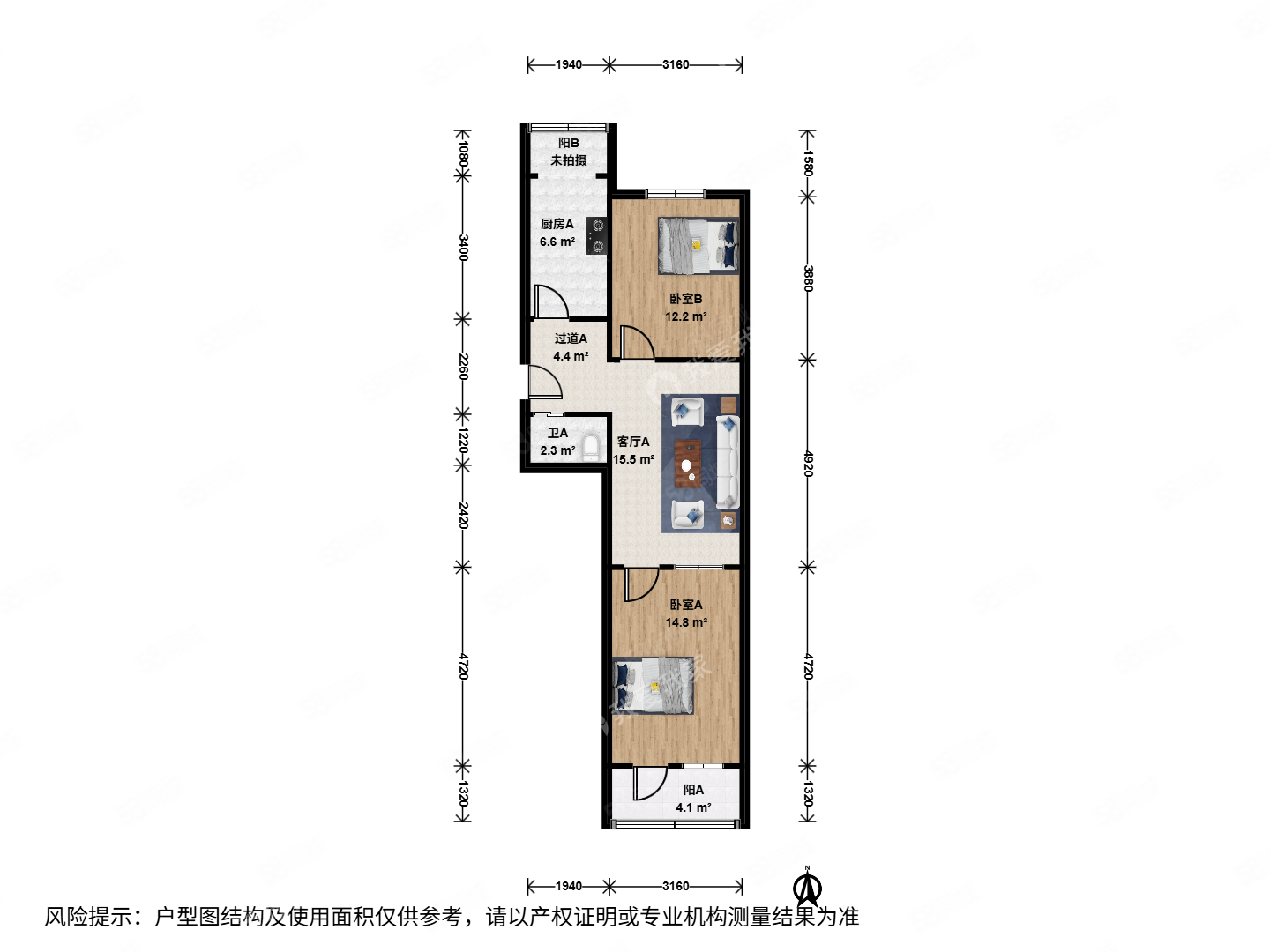 永順北街1號樓2室1廳1衛(wèi)78㎡南北156萬