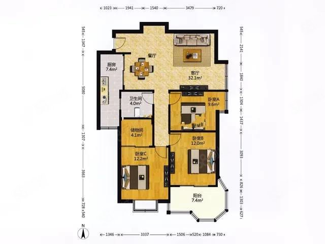 万景金府威尼斯3室2厅2卫89㎡南北59.8万