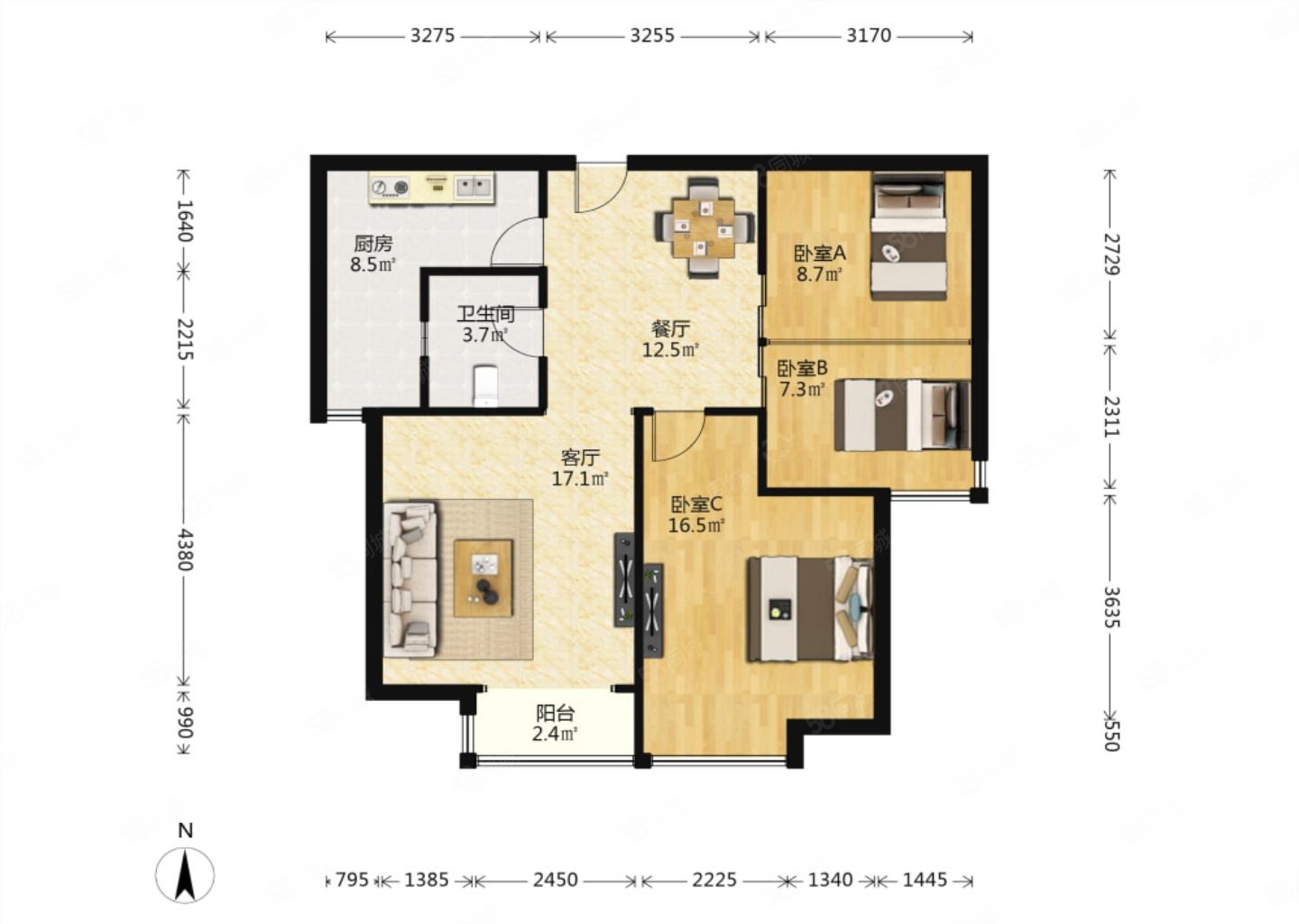 中海观园b区3室1厅1卫95.1㎡南218万