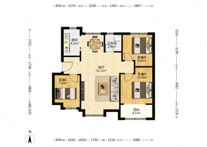 融创臻园壹号3室2厅1卫104㎡南北99万