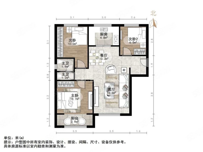 祥泰城文澜园3室2厅1卫101㎡南北127万