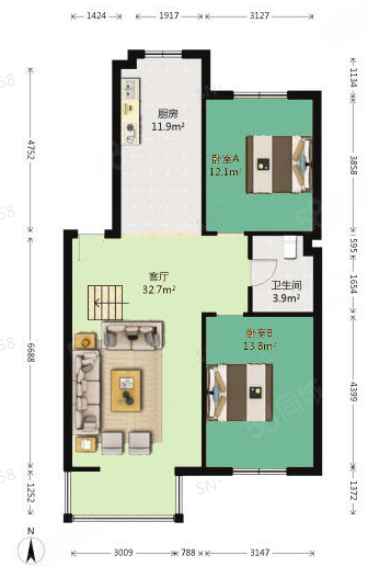 爵仕观邸2室2厅1卫89.78㎡南北119万