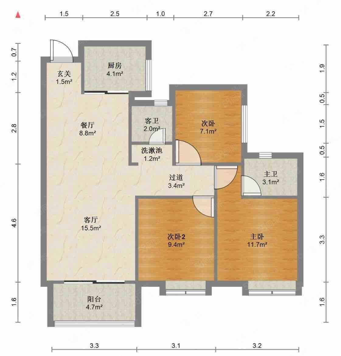 瀚林学府3室2厅2卫95.19㎡南118万