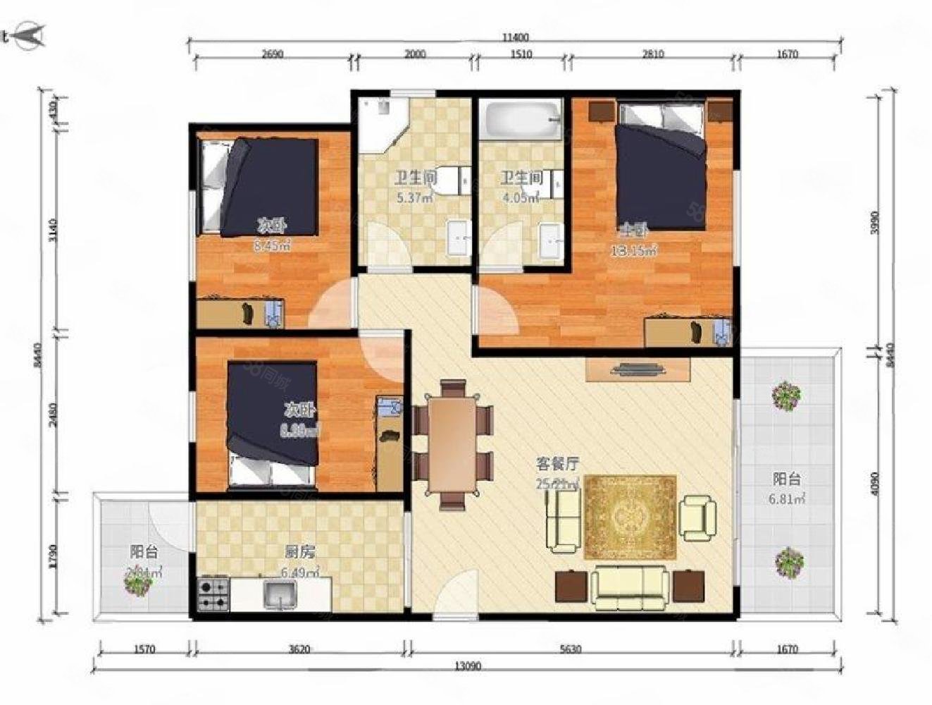 吉祥花园3室2厅2卫52.69㎡东南141.59万