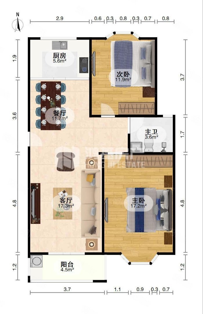 红谷世纪花园C区2室2厅1卫98.68㎡南北168万