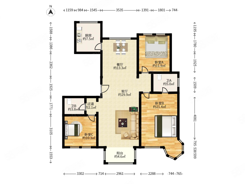 建邦华庭西区3室2厅2卫143.62㎡南北555万