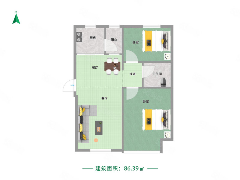 恒大绿洲(一期)2室2厅1卫87.36㎡南北62万