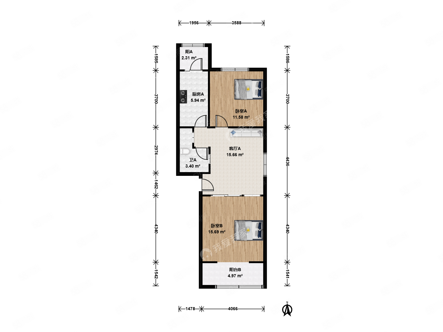 永順西里(西區(qū))2室1廳1衛(wèi)64.05㎡東南200萬