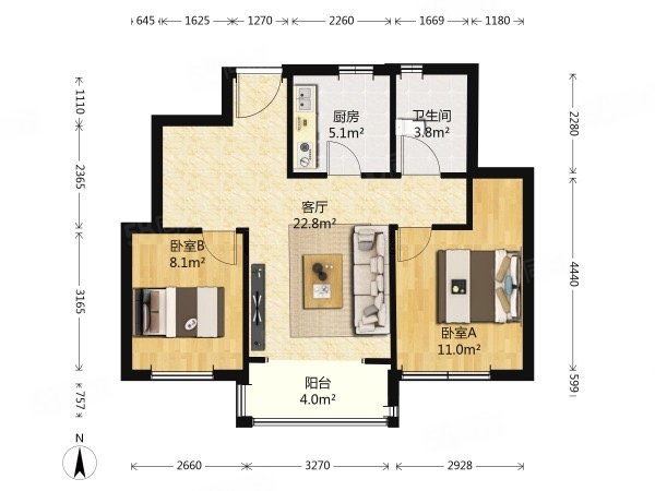 意境兰庭2室2厅1卫86.1㎡南北165万