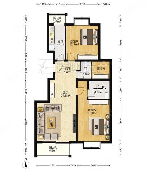 文成建筑2室2厅2卫115㎡南北786万