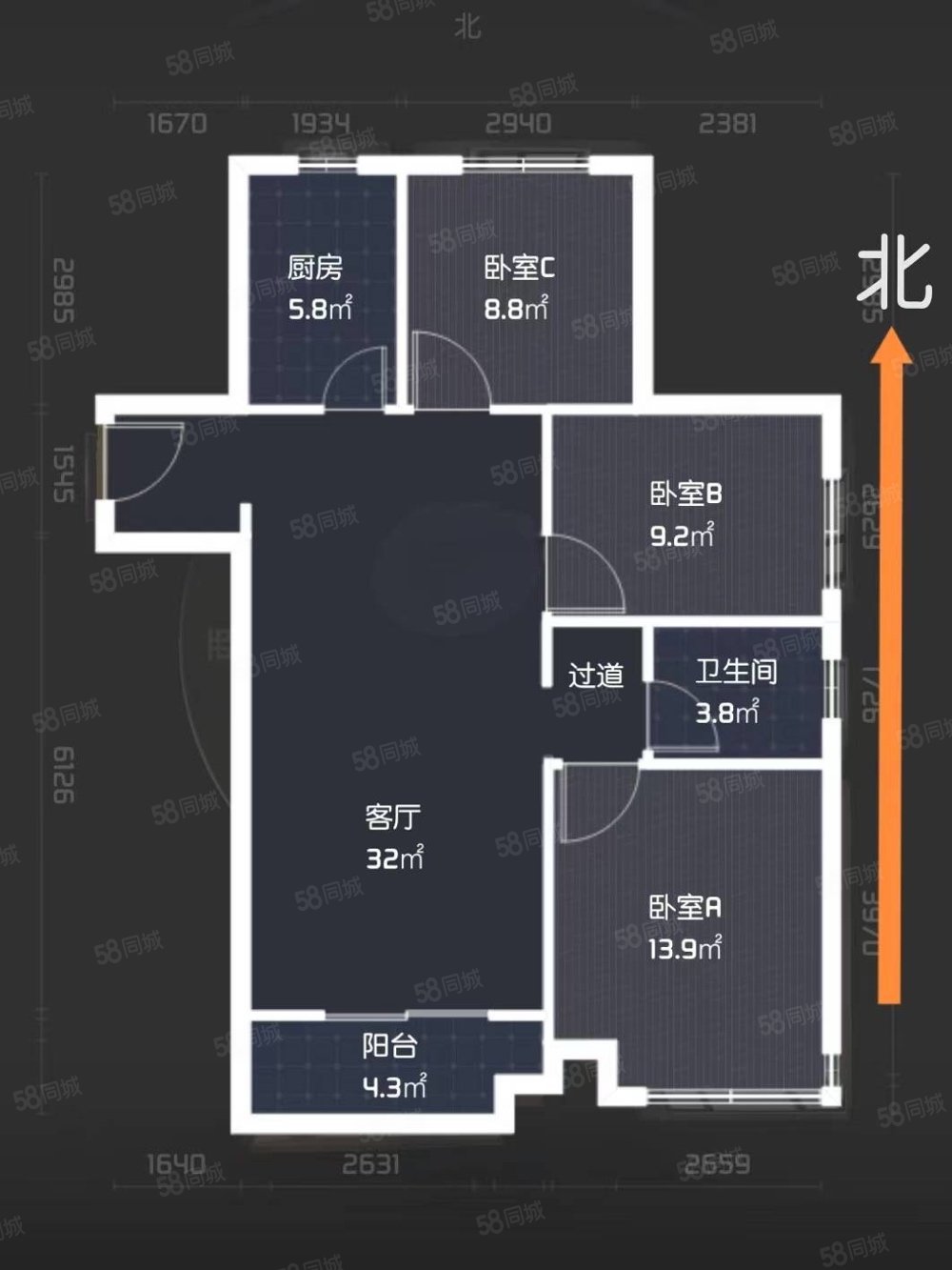 天山熙湖二期3室1厅1卫109㎡南北170万