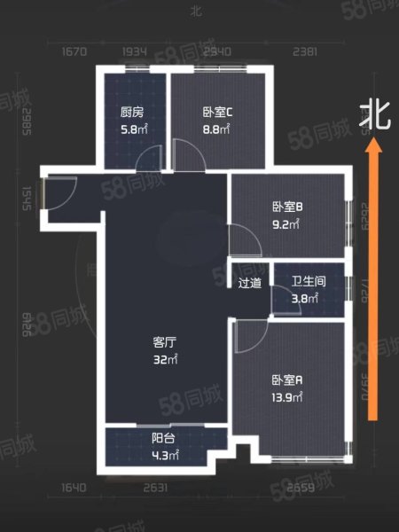 天山熙湖二期3室1厅1卫109㎡南北170万