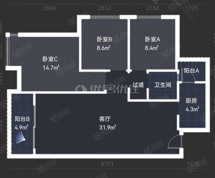 华润国际社区(B区)3室2厅1卫93㎡南北106万