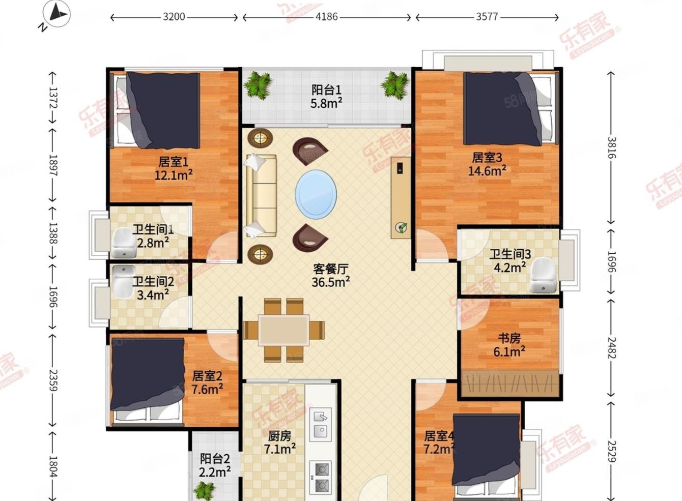 天汇城二期新出大5房3卫楼尊惜售户型看小区花园视野无遮挡
