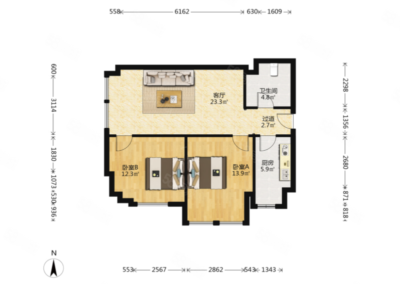 建邦华庭2室2厅1卫95.72㎡南180万