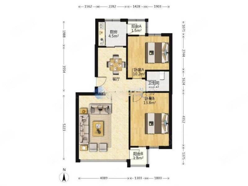 石葵秀景2室2厅1卫85.63㎡南北168万