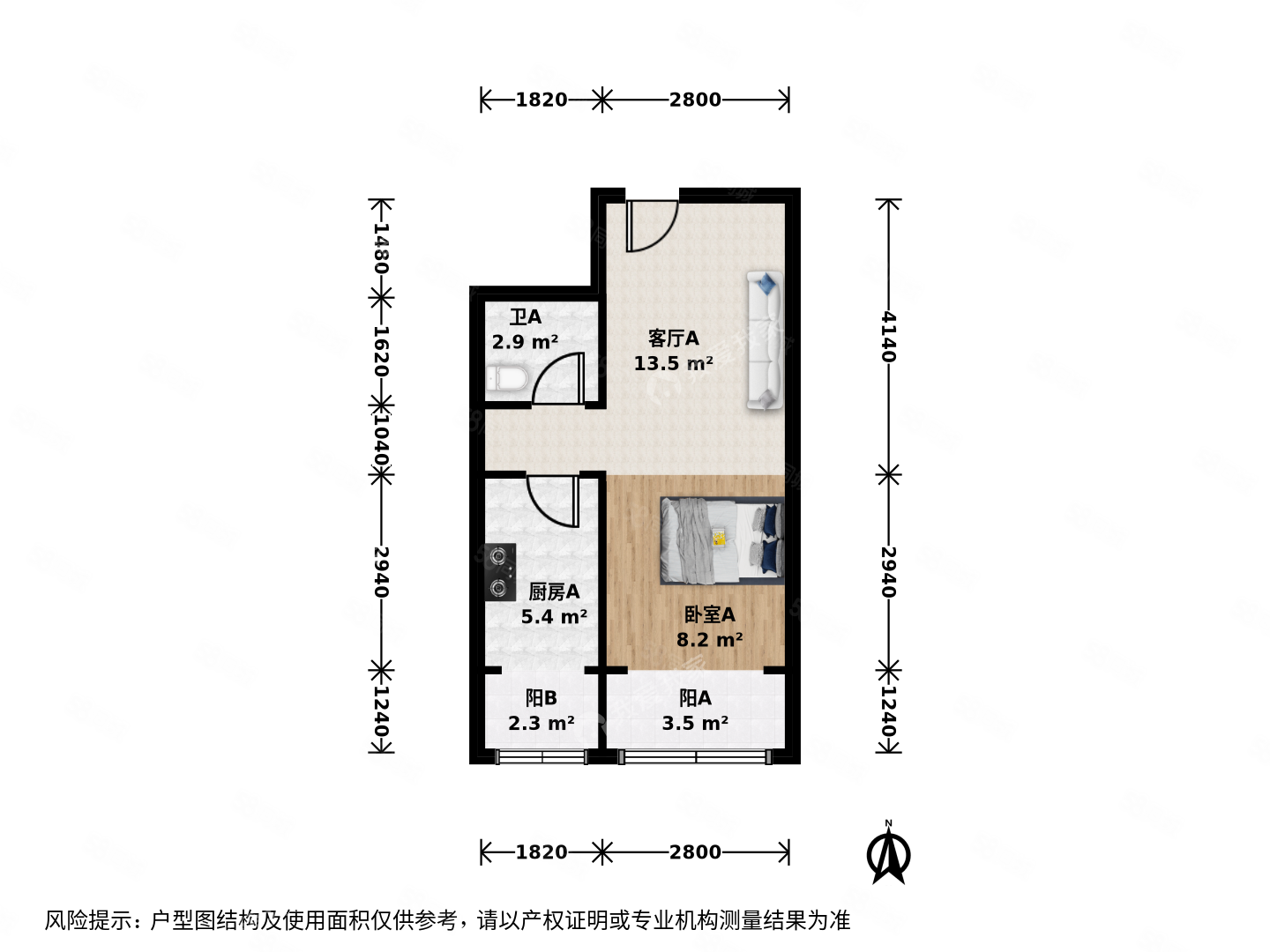 皓月苑1室1廳1衛(wèi)44.31㎡南155萬