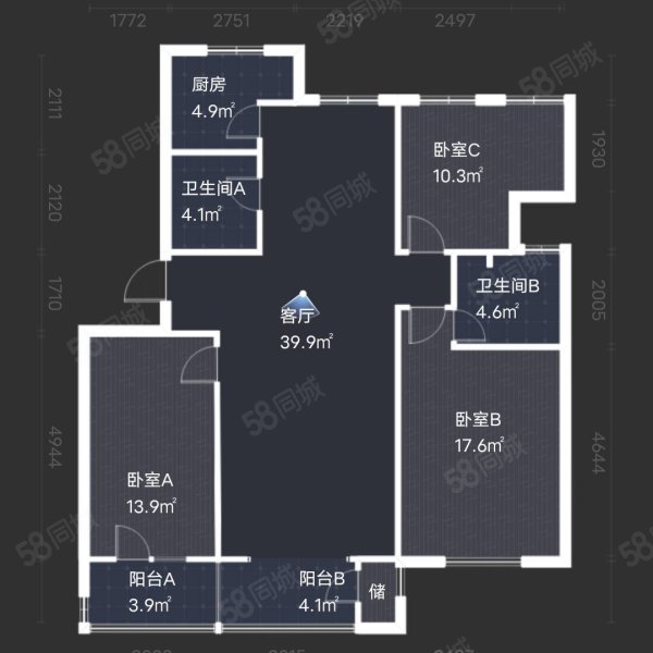 紫云华庭3室2厅2卫131.27㎡南北134万