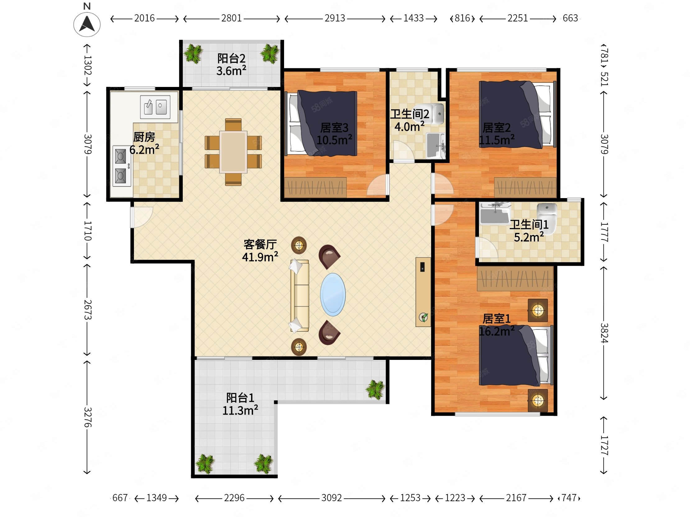 万科金域华府3室2厅2卫87.45㎡南北0万