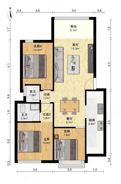 凌凯春天3室2厅2卫101.12㎡南北56万